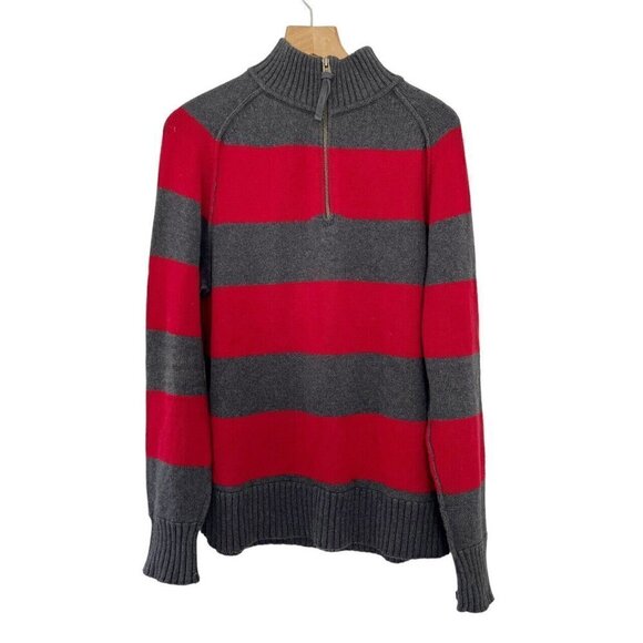 American Eagle Mens Large 1/4 Zip Red & Gray Striped Mock Neck Pullover Sweater - Picture 1 of 7